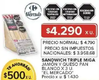 Carrefour El mercado sandwich triple miga jamón y queso pan blanco oferta