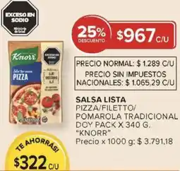 Carrefour Knorr salsa lista pizza/filetto/ pomarola tradicional doy pack oferta