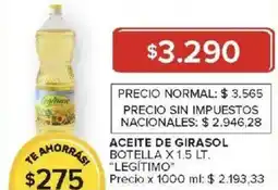 Carrefour Legítimo aceite de girasol botella oferta
