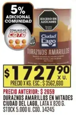 Coto Ciudad Lago duraznos amarillos en mitades oferta