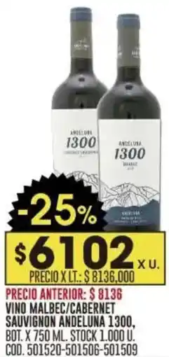 Coto Andeluna 1300 vino malbec/cabernet sauvignon oferta