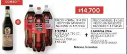 Carrefour Branca 1 fernet botella + 1 gaseosa cola regular/zero/light botella oferta