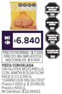 Carrefour Pizza congelada sin gluten mozzarella con jamóncarrefour sin gluten bolsa flow pack oferta
