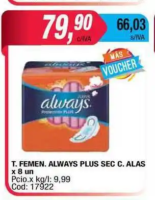 Maxiconsumo T. Femen. Always Plus Sec C. Alas x 8un. oferta
