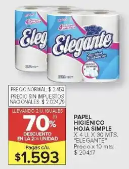 Carrefour Elegante papel higiénico hoja PAPEL HIGIÉNICO HOJA SIMPLE X 4 U. X 30 MTS. "ELEGANTE* oferta
