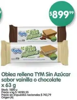 Supermercados Buenos Días Tym oblea rellena sin azúcar sabor vainilla o chocolate oferta