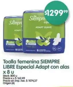 Supermercados Buenos Días Siempre libre toalla femenina especial adapt con alas oferta