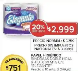 Carrefour Elegante papel higiénico rindemás doble hoja oferta