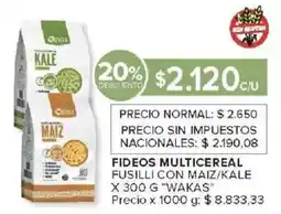 Carrefour Wakas fideos multicereal fusilli con maiz/kale oferta