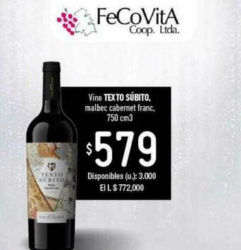 Cooperativa Obrera Vino Texto Súbito Malbec Cabernet Franc oferta