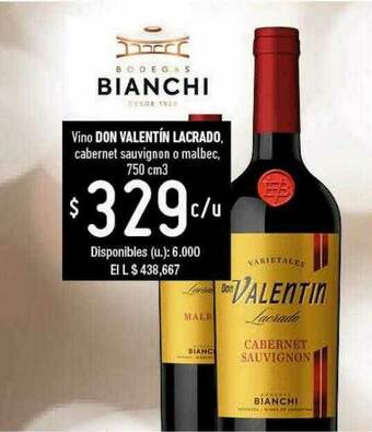 Cooperativa Obrera Vino Don Valentín Lacrado Cabernet Sauvignon O Malbec oferta