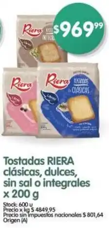Supermercados Buenos Días Riera tostadas clásicas, dulces, sin sal o integrales oferta