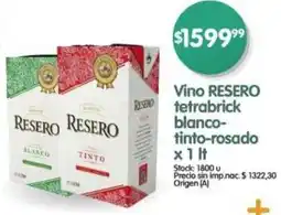 Supermercados Buenos Días Resero vino tetrabrick blanco- tinto-rosado oferta