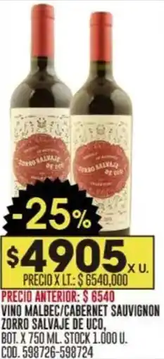 Coto Vino malbec/cabernet sauvignon zorro salvaje de uco oferta