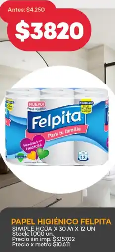 Supermercados Tadicor Felpita papel higiénico simple hoja oferta