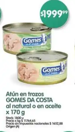 Supermercados Buenos Días Gomes da costa atún en trozos al natural o en aceite oferta