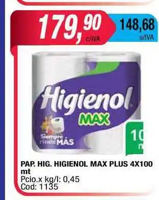 Maxiconsumo Pap.Hig. Higienol Max Plus 4x100 mt oferta