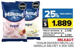 Carrefour Maxi Milkaut yogur entero frutilla/ vainilla sachet oferta