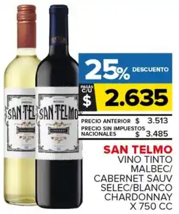 Carrefour Maxi San telmo vino tinto malbec/ cabernet sauv selec/blanco chardonnay oferta