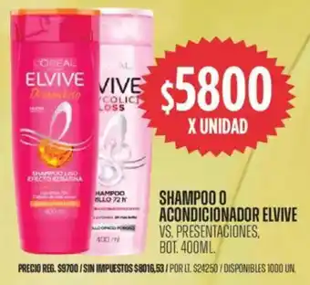 Supermercados Vea Elvive shampoo o acondicionador vs. presentaciones, bot. oferta