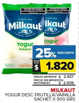 Carrefour Maxi Milkaut yogur desc frutilla/vainilla sachet oferta