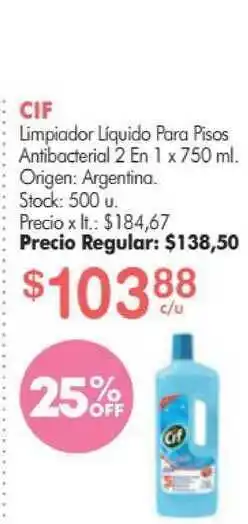 Cif Limpiador Líquido Para Pisos Antibacterial 2 En 1 x 750ml