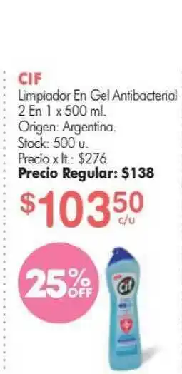 Cif Limpiador En Gel Antibacterial 2 En 1 x 500ml