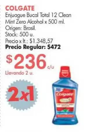 Simplicity Colgate Enjuage Bucal Total 12 Clean Mint Zero Alcohol x 500ml oferta
