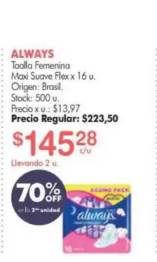 Always Toalla Femenina Maxi Suave Flex x 16 u