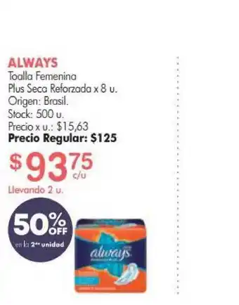 Simplicity Always Toalla Femenina Plus Seca Reforzada x 8 u oferta