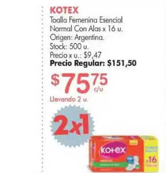 Simplicity Kotex Toalla Femenina Esencial Normal Con Alas x 16u oferta