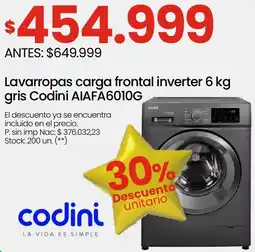 Changomas Codini lavarropas carga frontal inverter oferta