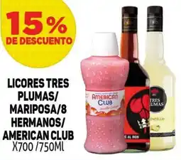 Makro Licores tres plumas/ mariposa/8 hermanos/ american club oferta
