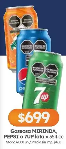 Cordiez Mirinda, pepsi o 7up gaseosa lata oferta