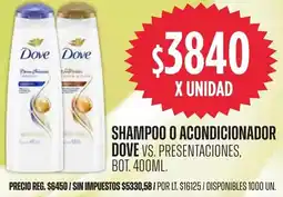 Supermercados Vea Dove shampoo o acondicionador vs. presentaciones, bot oferta