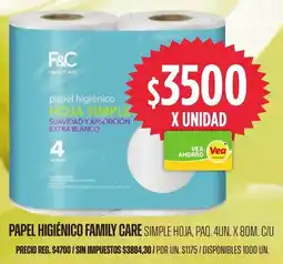 Supermercados Vea Papel higiénico family care simple hoja, paq. oferta