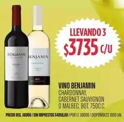 Supermercados Vea Benjamin vino chardonnay, cabernet sauvignon o malbec, bot. oferta