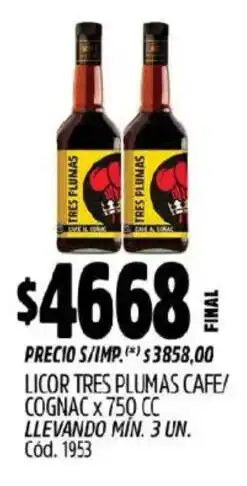 Supermercados Yaguar Tres plumas licor cafe/ cognac oferta