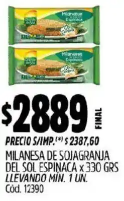 Supermercados Yaguar Sojagranja del sol milanesa de espinaca oferta
