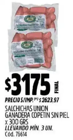 Supermercados Yaguar Union salchichas ganadera copetin sin piel oferta