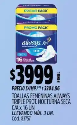 Supermercados Yaguar Always toallas femeninas nocturna seca oferta