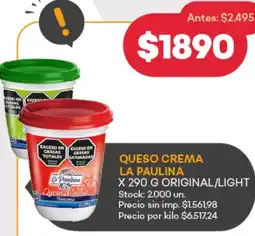 Supermercados Tadicor La paulina queso crema original/light oferta