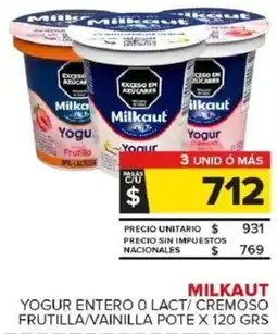 Carrefour Maxi Milkaut yogur entero o lact/ cremoso frutilla/vainilla pote oferta