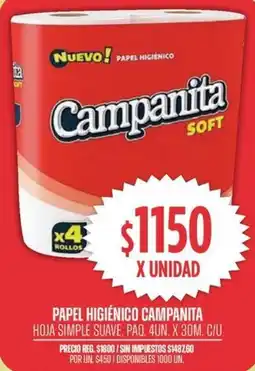 Supermercados Vea Campanita papel higiénico hoja simple suave, paq. oferta