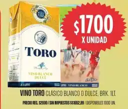 Supermercados Vea Toro vino clásico blanco o dulce, brk. oferta