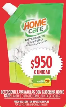 Supermercados Vea Home care detergente lavavajillas con glicerina care limón o con glicerina, doy pack oferta