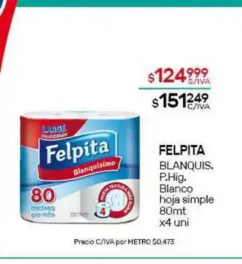 Nini Mayorista Felpita Blanquis P. Hig. Blanco Hoja Simple 80mt x 4uni oferta
