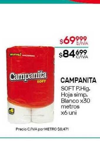 Nini Mayorista Campanita Soft. P. Hig. Hoja Simp. Blanco x30 metros x6 uni oferta