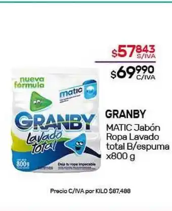 Nini Mayorista Granby Matic Jabón Ropa Lavado Total B/Espuma x800g oferta