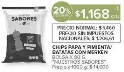 Carrefour Nuestros sabores chips papa y pimienta/ batatas con merken bolsa oferta